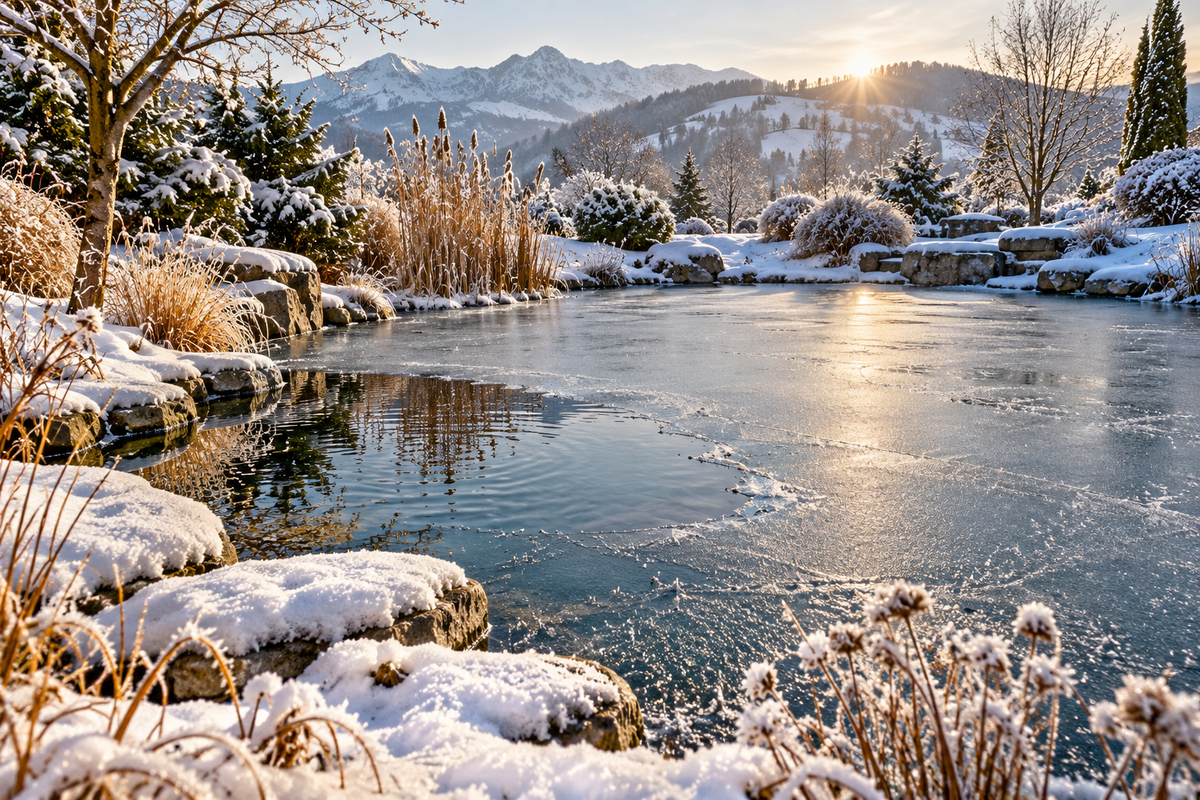 KI-generiertes Motiv: Gartenteich im Winter mit verschneitem Ufer und eisfreier Stelle